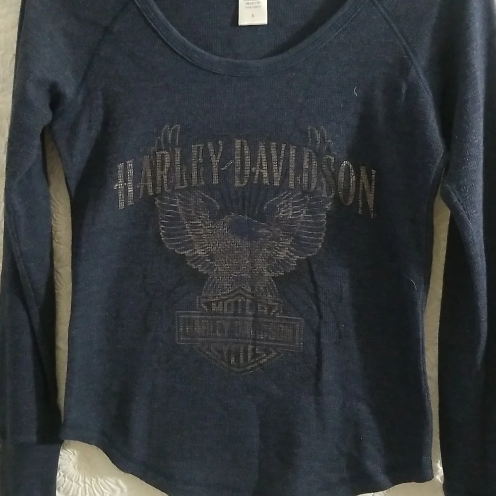 Harley Davidson L/S Blue and Metallic Top Sz Small - Picture 2 of 7